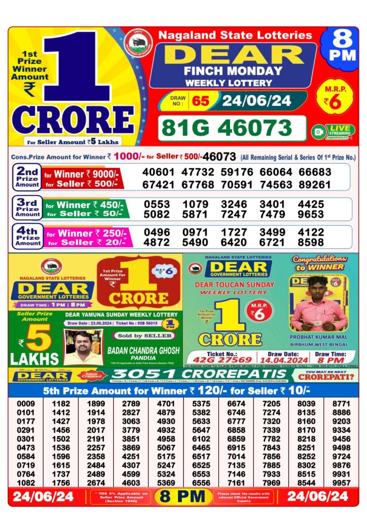 Nagaland State Lottery Result: 8:00 PM- June 24-2024